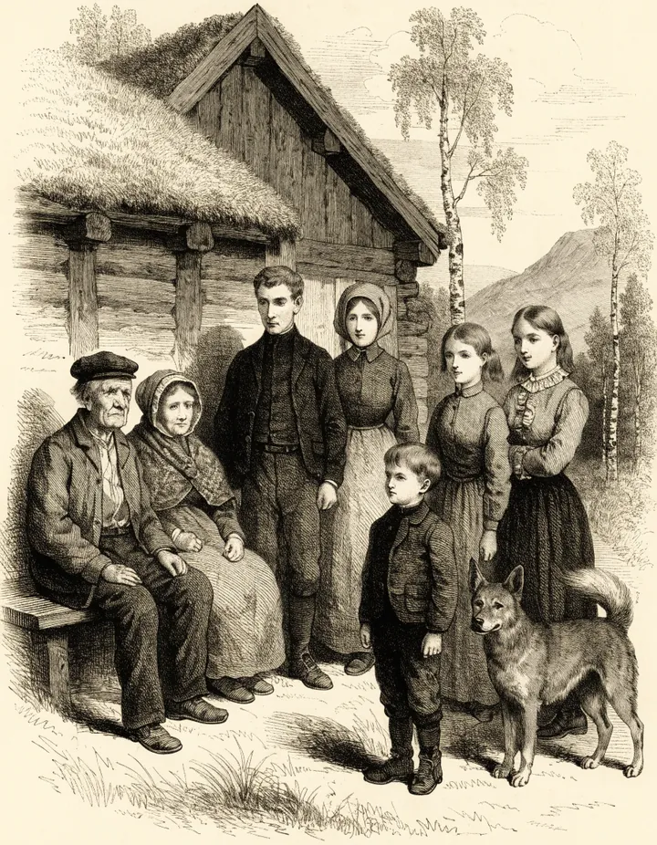 Illustrasjon: tre generasjoner av en bondefamilie foran et tømret våningshus
